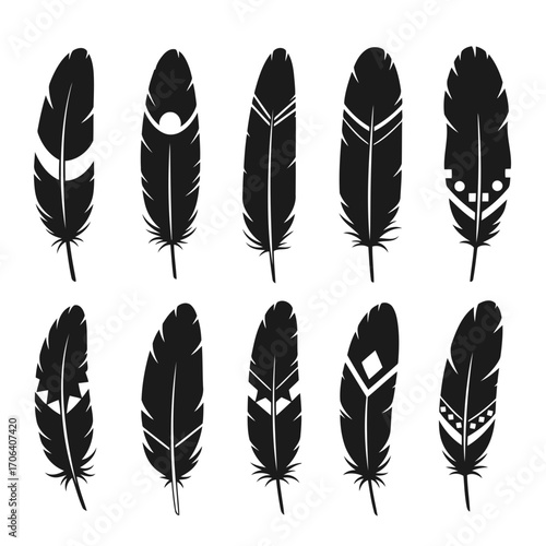 Vector art of collection of ten decorative feathers, showcasing intricate patterns and designs in a minimalist black and white style