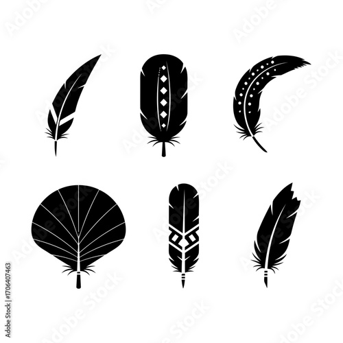 Vector art of set of six black feather illustrations, showcasing diverse shapes, sizes, and intricate patterns in vector format