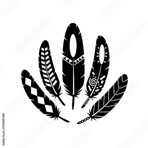 Vector art of a collection of five black and white feathers arranged in a circular pattern each feather has a unique design
