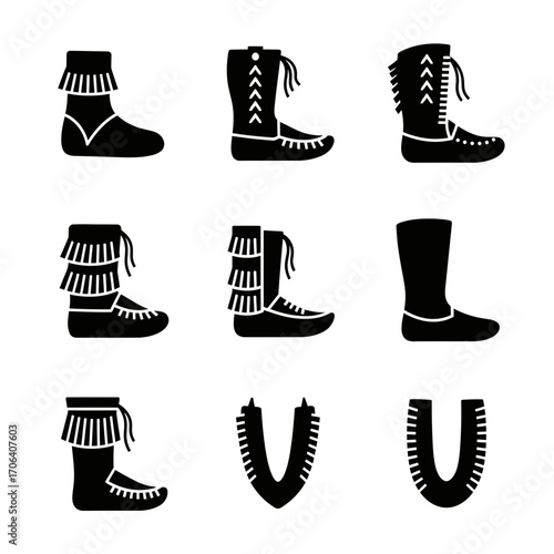 Vector art of collection of black moccasin silhouette, showcasing various styles and designs for different purposes and occasions