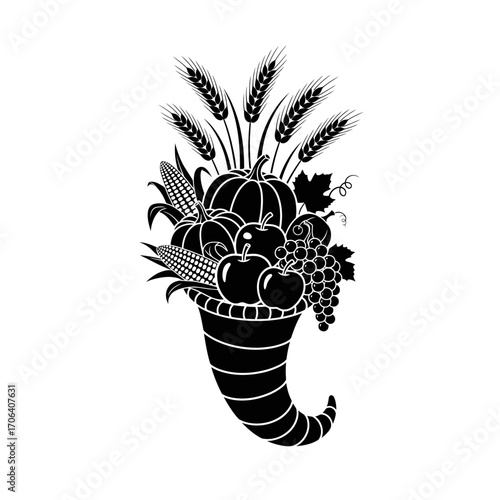 Vector art of black and white cornucopia with fruits and vegetables, a symbol of abundance and harvest season celebration