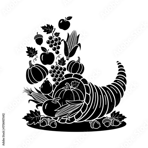 Vector art of black and white cornucopia overflowing with autumn harvest, a symbol of abundance and thanksgiving celebration
