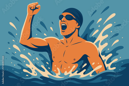 Dynamic swimmer celebrates victory in vibrant splashing water scene