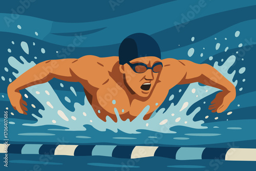 Dynamic swimmer in action: male athlete performing butterfly stroke in vibrant pool scene