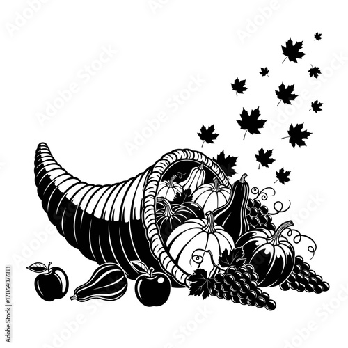 Vector art of cornucopia illustration with pumpkins, grapes, apples, gourds, and maple leaves for thanksgiving celebration