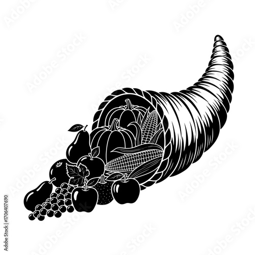 Vector art of cornucopia illustration with pumpkins, grapes, pears, apples, and gourds for thanksgiving celebration