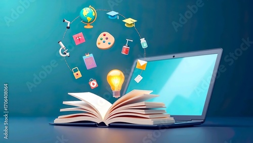 Online education concept with books