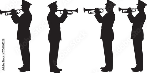Four military figures playing bugles in silhouette