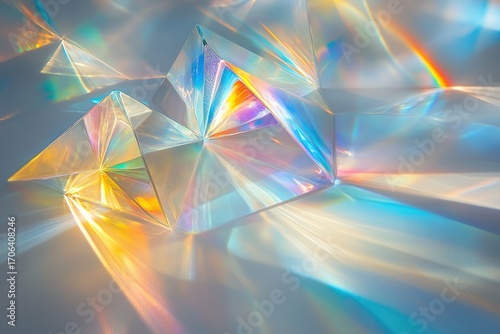 Iridescent glass pyramids refract light, creating a mesmerizing display of colorful beams and radiant patterns.