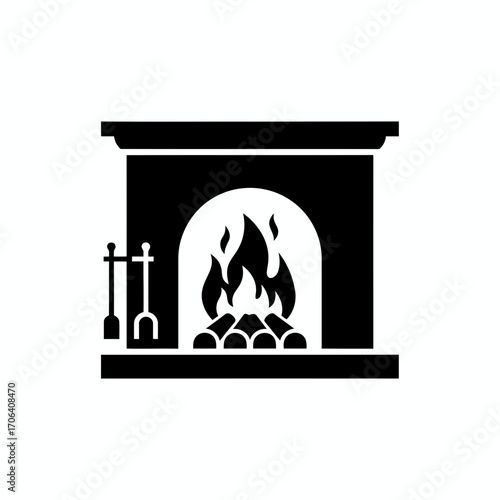 Vector art of classic fireplace with burning logs and tools, a timeless and elegant addition to any home decor