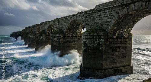 Ancient Stone Bridge Arches Endure Crashing Ocean Waves Under Dramatic Skies