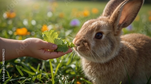 Young child feeding rabbit with leafy greens in a grassy meadow  