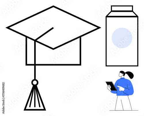 Graduation hat symbolizing achievement, digital device user exploring ideas, and carton representing creative thinking. Ideal for education, technology, innovation, e-learning, success, professional