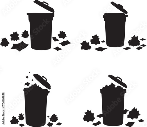 Four trash cans with leaves in silhouette