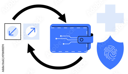 Digital wallet with biometric fingerprint shield, arrow exchange, resize icons, plus symbol. Ideal for finance, security, health tech, cryptocurrency, blockchain fintech online transactions simple