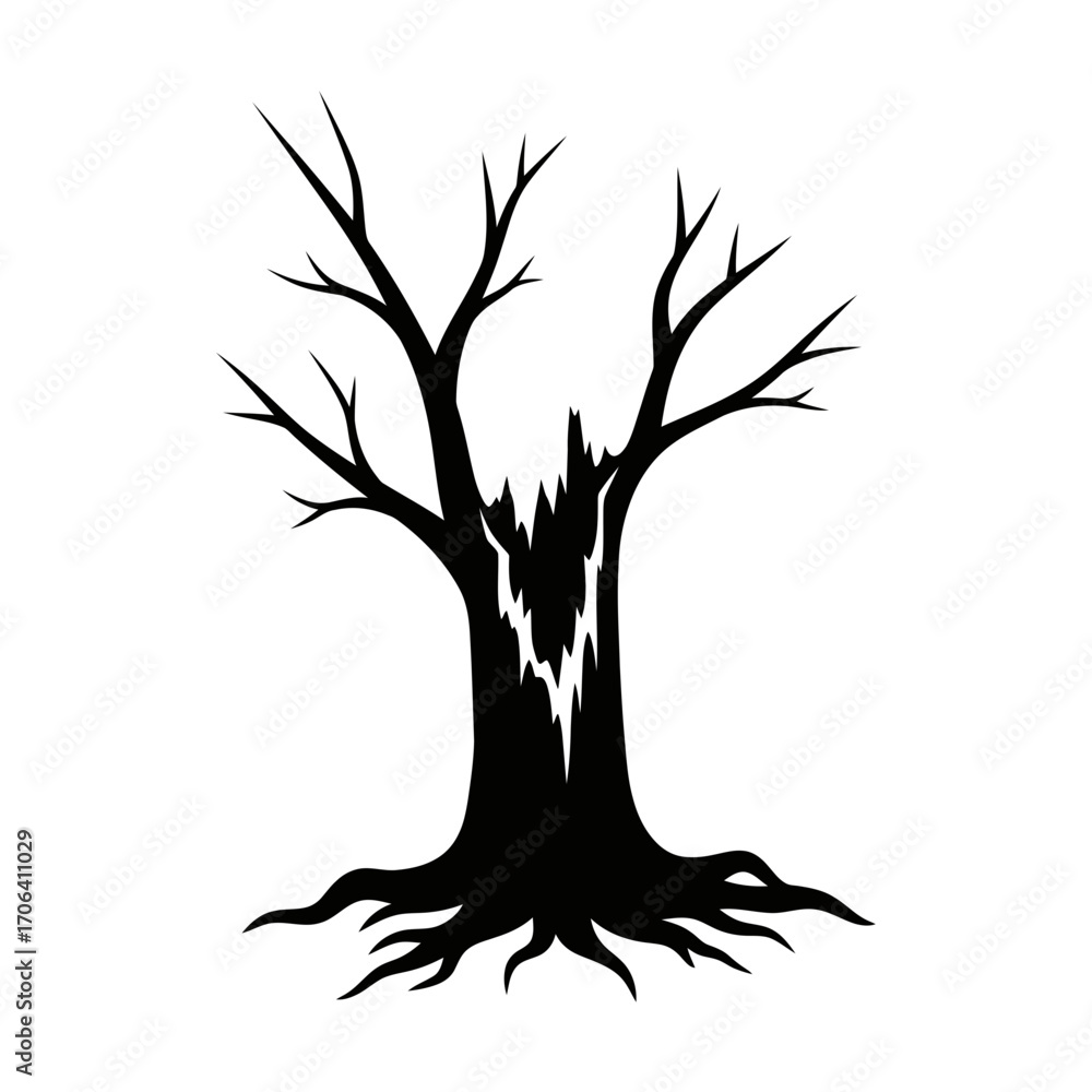 Fototapeta premium Vector art of silhouette of a broken tree with a crack in its trunk, symbolizing resilience and strength after adversity