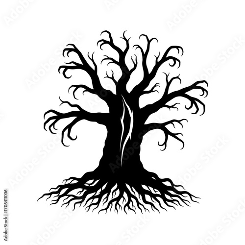 Vector art of silhouette of a large, old tree, its gnarled branches and roots conveying strength, resilience, and the passage of time