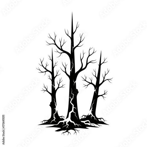 Vector art of silhouette of a group of bare trees, their stark forms creating a haunting scene reminiscent of a desolate forest