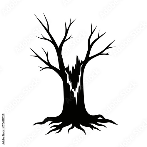 Vector art of silhouette of a broken tree with a crack in its trunk, symbolizing resilience and strength after adversity