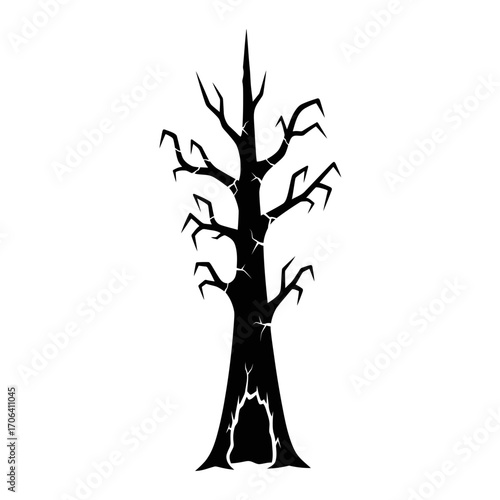 Vector art of silhouette of a spooky bare tree with a hollow trunk, creating a mysterious and eerie atmosphere for halloween