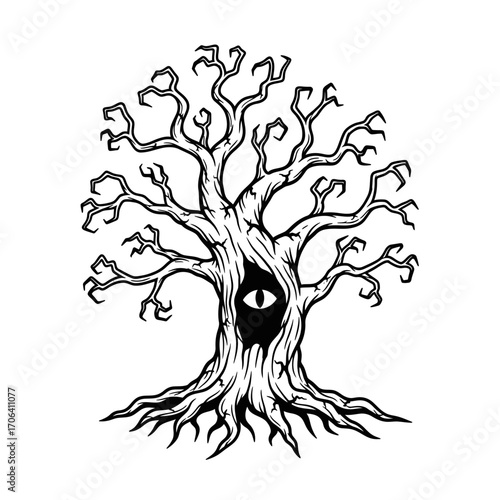 Vector art of creepy old tree with an eye in the trunk spooky, scary, and mysterious tree with branches like claws