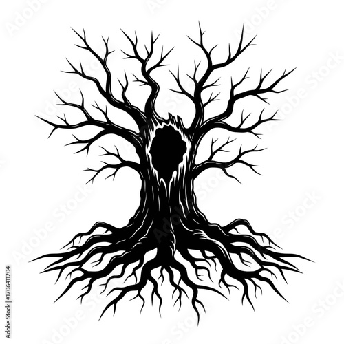 Vector art of silhouette of a spooky dead tree with gnarled roots and branches, , creating a haunting and eerie atmosphere