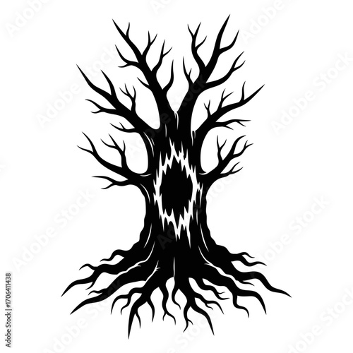 Картината върху платно Vector art of spooky tree silhouette, perfect for halloween designs, with a ghou