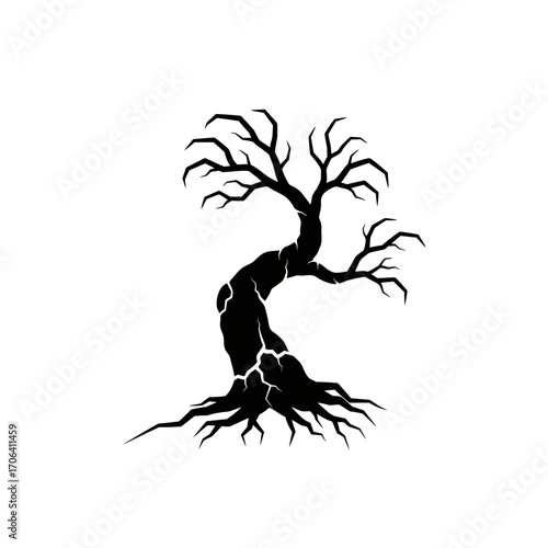 Vector art of twisted tree silhouette with exposed roots, , evoking a sense of resilience and strength in the face of adversity