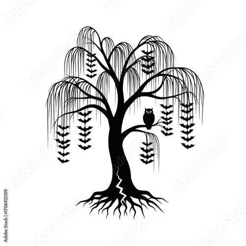 Vector art of silhouette of a weeping willow tree with an owl perched on a branch, a halloween themed vector illustration