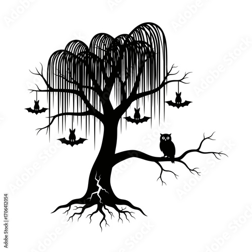 Vector art of weeping willow tree with owl and bats, perfect for halloween decoration and celebration, or any other design