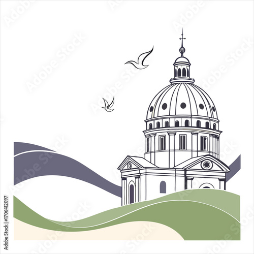 Minimal Line Art Illustration of Historic Dome Building with Landscape Waves.