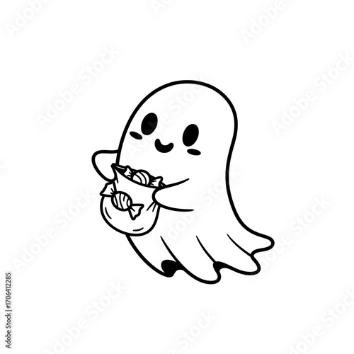 Vector art of cute ghost holding a bag of candy halloween character with sweet treats adorable illustration for greeting card or invitation