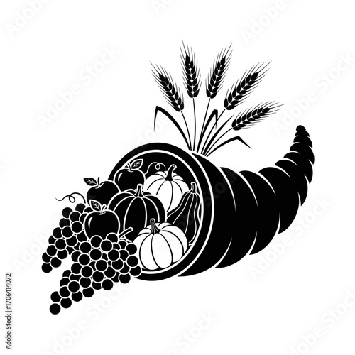 Vector art of black cornucopia, overflowing with grapes, pumpkins, and wheat, symbolizing abundance and the harvest season