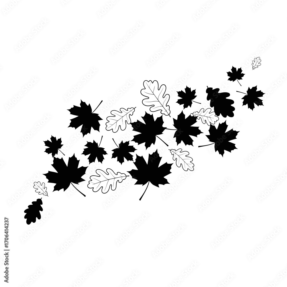 Naklejka premium Vector art of a dynamic composition of maple and oak leaves creates a captivating visual flow, evoking the essence of autumn
