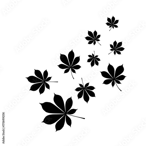 Vector art of horse chestnut leaves scattered, , creating a dynamic and visually appealing composition for various creative applications