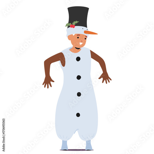 Cute smiling child cartoon character wearing snowman Christmas costume isolated on white background