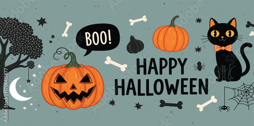 A charming and festive Halloween illustration featuring a cute black cat, grinning pumpkins, spooky tree, and playful elements, ideal for seasonal decorations and celebration design
