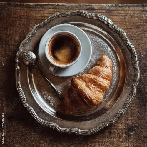 Elegant Espresso and Croissant on Antique Silver Platter, Rustic Wood Table.