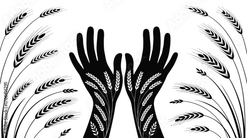 Harvest hands cradling wheat, a symbol of abundance, growth, and nature's bounty in monochrome art