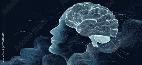 A profile view of a human head, with a brain rendered as lines and light, overlaid on abstract, flowing lines and dots.