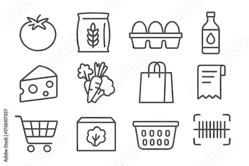 Grocery Icons Collection. Line style icons of grocery shopping: tomato, flour bag, egg carton, oil bottle; cheese block, veggie
