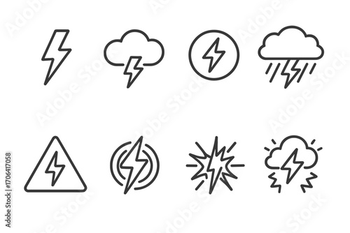 Lightning and Storm Icons. Line style icons of lightning and storms: lightning bolt, storm cloud, thunder icon, electric strike;