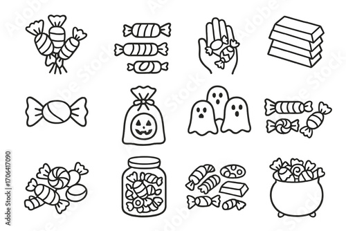 Halloween Candy Icons. Line style icons of Halloween candy bundles: candy bunch in wrap, twisted trio, candy set in hand, stack of