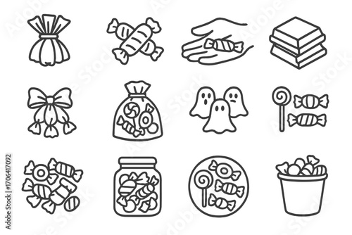 Halloween Candy Icons. Line style icons of Halloween candy bundles: candy bunch in wrap, twisted trio, candy set in hand, stack of