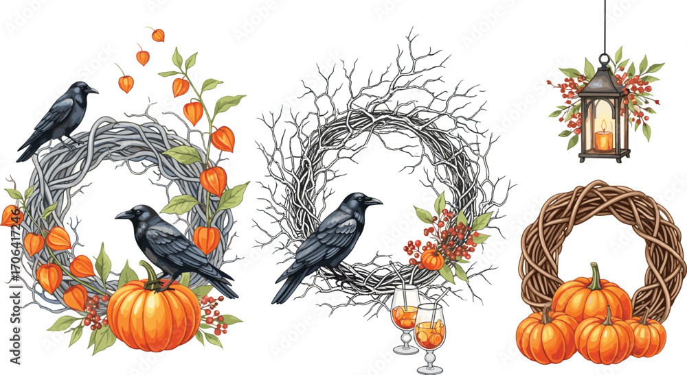 Fototapeta premium Autumnal Wreath and Raven Illustrations Spooky Halloween Decor Elements with Pumpkins and Lanterns
