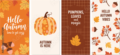 Autumnal Charm A Collection of Cozy Fall-Themed Designs with Leaves, Pumpkins, and Acorns for Seasonal Greetings