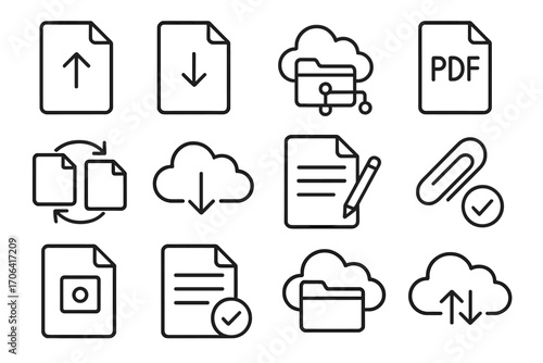 Cloud Document Icons. Line style icons of cloud and document tools: upload document, download assignment, shared folder, PDF