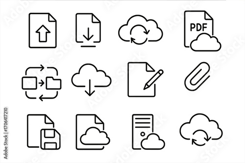 Cloud Document Icons. Line style icons of cloud and document tools: upload document, download assignment, shared folder, PDF