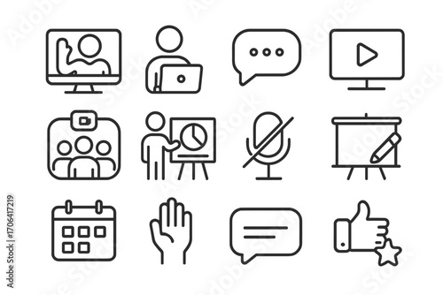 Virtual Classroom Icons. Line style icons of virtual classroom elements: teacher on screen, student with laptop, chat bubble,