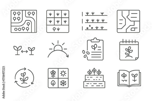 Garden Planning Icons. Line style icons of garden layout and planning: garden map, planting grid, row layout, plot plan; spacing
